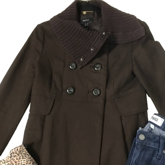 Mango Dark Brown Double Breasted Cotton Pea Coat Size Small - Picture 2 of 9